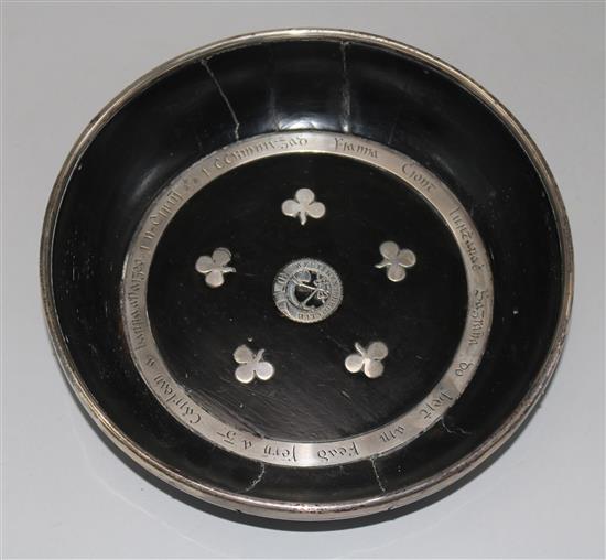 A 19th century Irish white metal mounted ebonised West Kent Regiment Club bowl, 24.5cm.